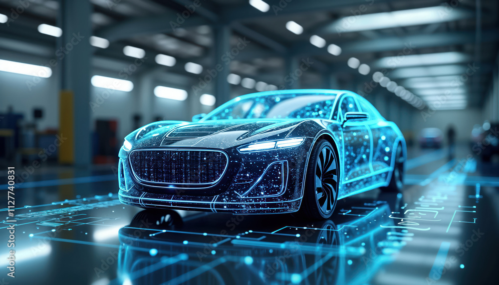 Poster futuristic ev car displayed on digital interface with virtual tech details. modern auto tech concept