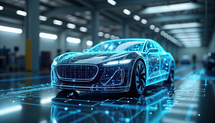 Futuristic EV car displayed on digital interface with virtual tech details. Modern auto tech concept in garage. Diagnostic screen shows complex data about vehicle. Electric vehicle repair concept.