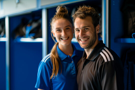 Referees Smiling Together in Locker Room with Uniforms and Whistles Representing Teamwork, Leadership, and Role as Game Officials