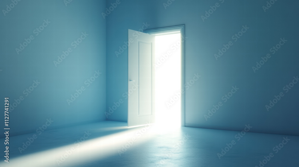 Poster light shines through the open door, creating an empty light blue background wall with soft lighting