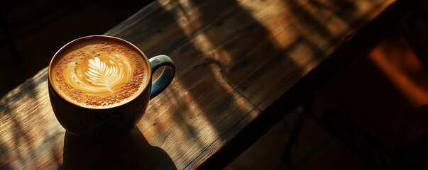Top view of cup of cappuccino on rustic wooden table in a cozy cafe with copy space, panorama image