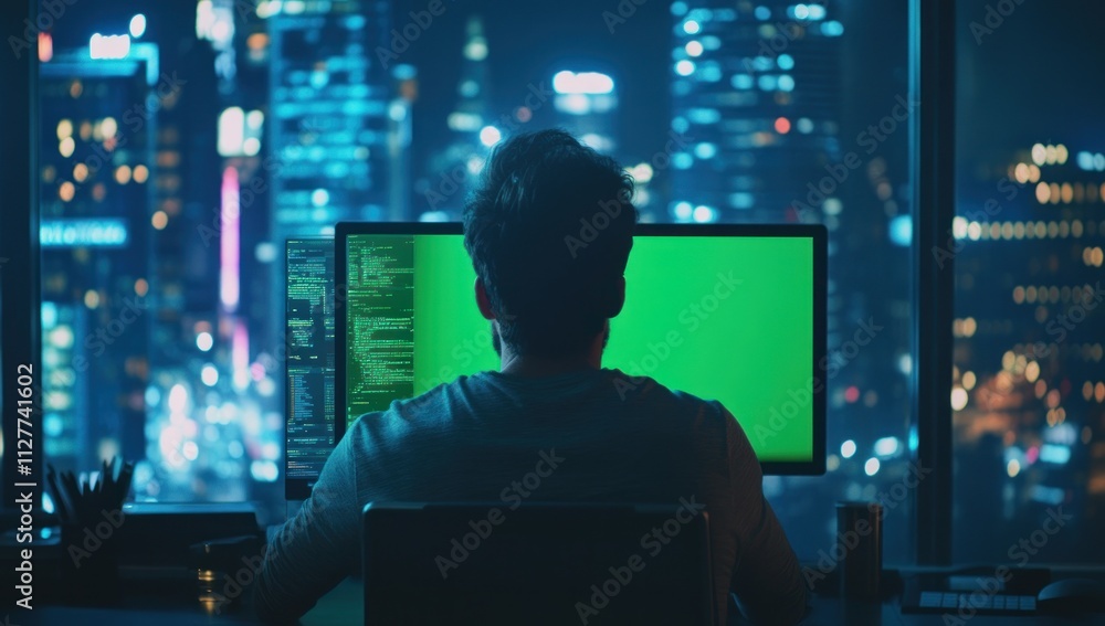 Poster Programmer working late at night in front of a green screen monitor with a city view.