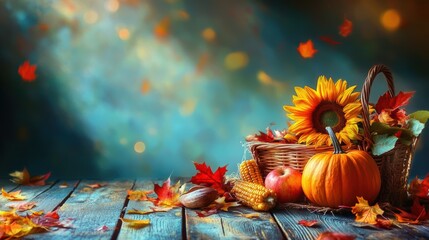 Fototapeta premium Sunflower and Fall harvest decoration. Seasonal theme for greeting card background.