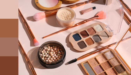 Stylish makeup brushes with cosmetic products on pink background