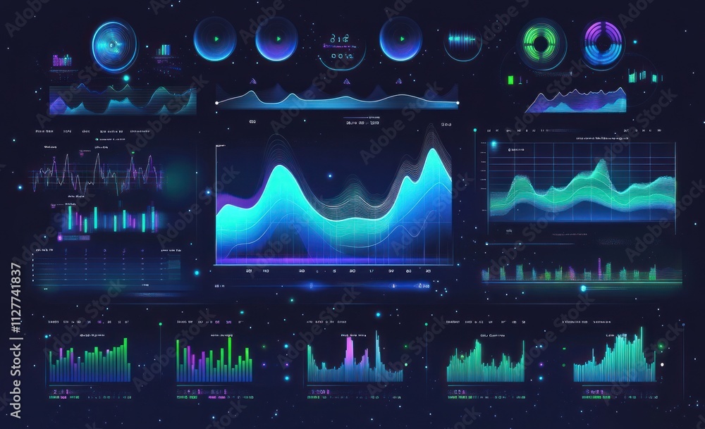 Aufkleber Futuristic data visualization dashboard with various charts and graphs displaying dynamic data.