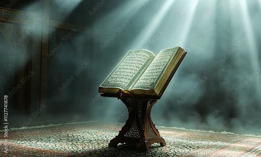 Poster an open book on a stand, illuminated by soft light in a misty atmosphere.