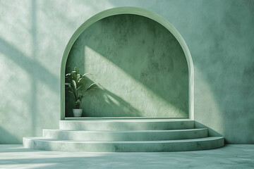 Minimalistic 3D-rendered platform with soft green tones and architectural design