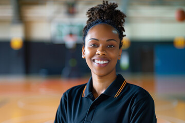 Fototapeta premium Female Basketball Referee Smiling on Court in Uniform with Whistle Representing Sports Authority and African Leadership in Women's Sports
