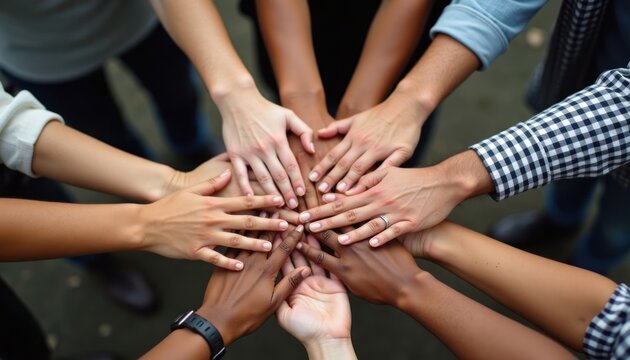 Diverse people hands join together in a circle. Multicultural group creates a stack of hands. Collaboration teamwork cooperation unity support. Group effort. Reaching hands to center