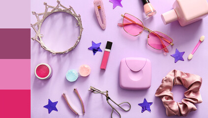 Composition with decorative cosmetics, accessories and crown on lilac background