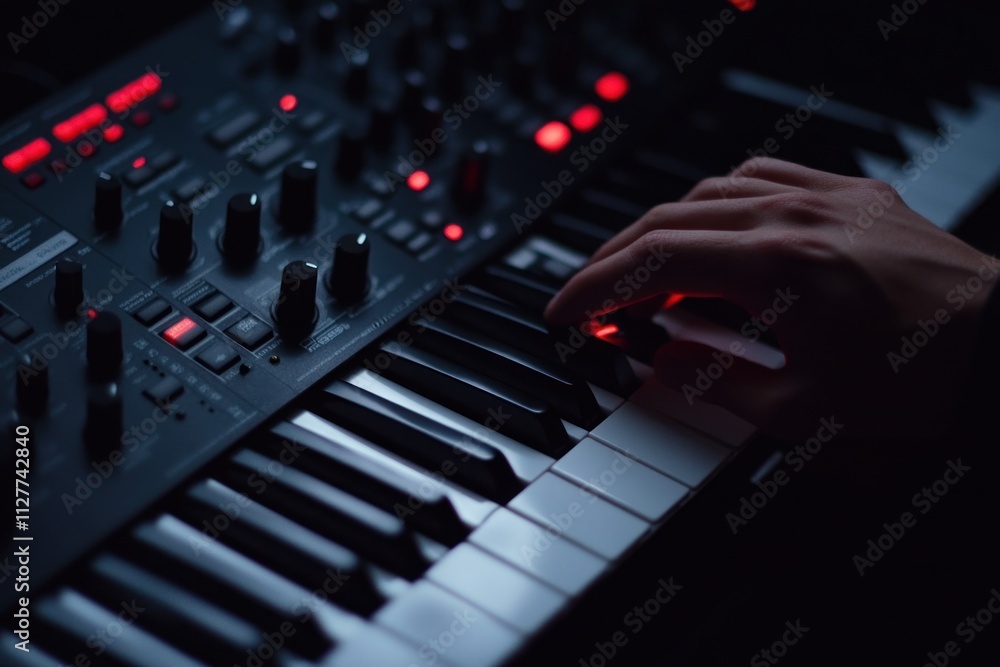 Poster close-up of hand playing synthesizer keyboard with red lights.