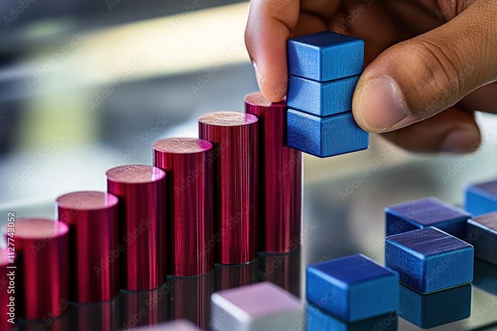Poster hand placing blue cube on rising red bar graph.