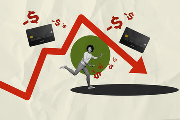 Composite photo collage of shocked american girl dollar minus inflation arrow decline recession...