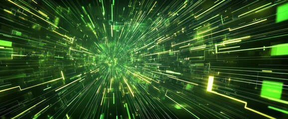 Abstract green digital tunnel with glowing lines and shapes.