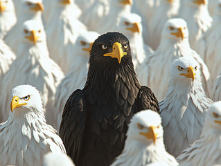 Black eagle standing out among a flock of white eagles, showcasing striking contrast and themes of individuality, uniqueness, and dominance in a vibrant and powerful wildlife scene