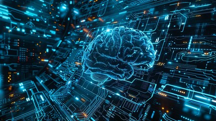 Digital Brain Integrated into a Complex Circuit Board, Representing AI