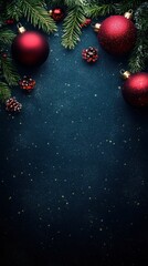 A festive arrangement featuring red Christmas ornaments and pine branches on a dark background, evoking feelings of holiday cheer and seasonal celebration.
