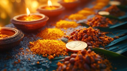 Ritual offerings candles, rice, spices, coins on banana leaf.