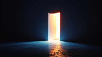 A slightly open white door in a dark room, with light shining through, a minimalistic black background