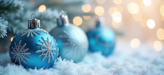 Closeup photo of Christmas ornaments. Beautiful blue ornaments with silver snowflake designs. Ornaments sit on faux snow. Blurred background shows warm holiday lights, Christmas tree. Festive, cozy