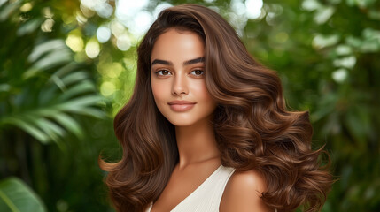 Fototapeta premium Indian woman with warm brown hair in soft waves set against a lush, outdoor garden 