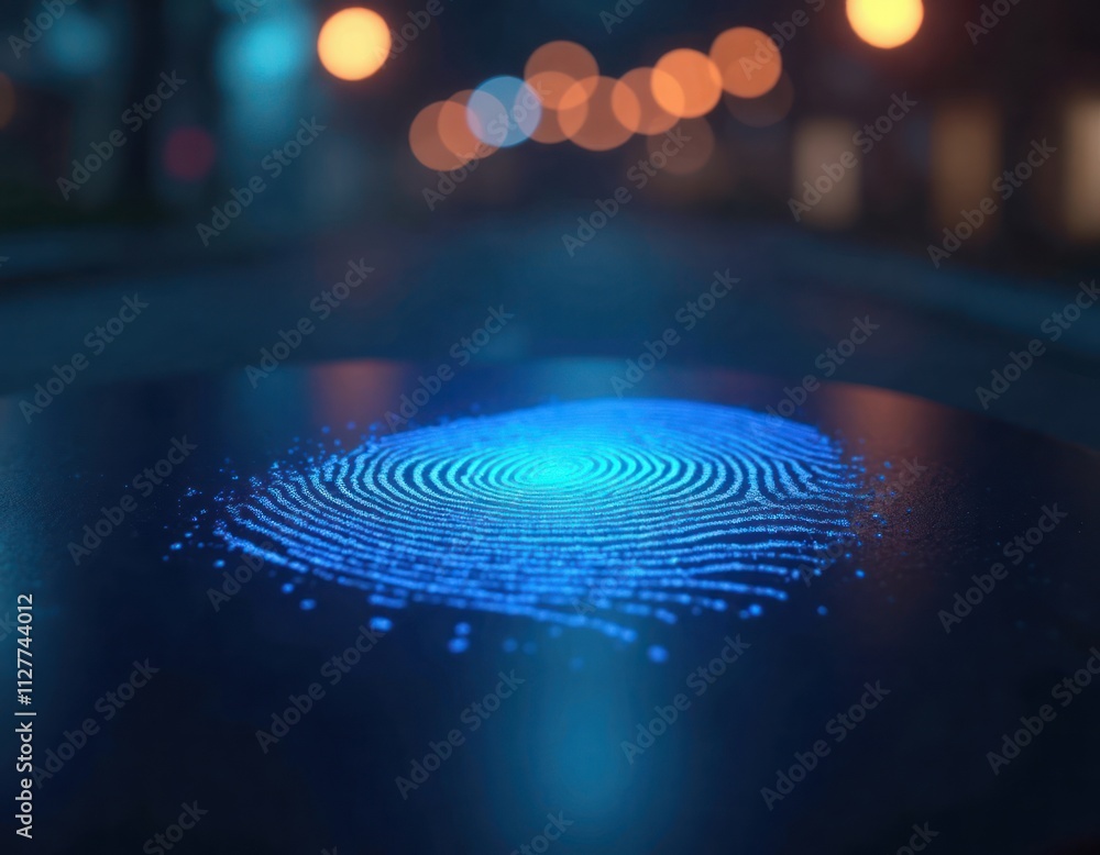 Poster blue glowing fingerprint on dark reflective surface. night scene with blurred lights. secure access 