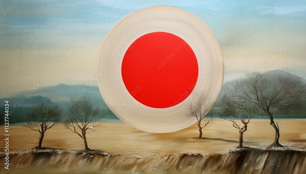 Poster abstract meaning of life: a contemplative painting featuring a striking red circle, symbolizing unit