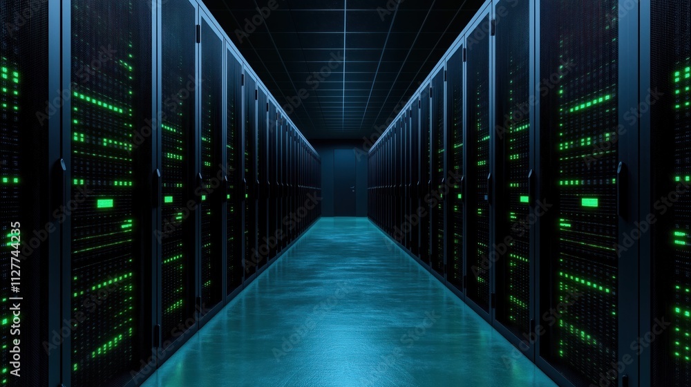 Aufkleber Dark data center hallway shows rows of server racks. Glowing green lights illuminate tech infrastructure. High tech modern server center. Digital hub processing data. AI power source. Tech