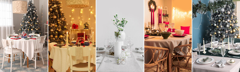 Collage of beautiful festive table settings in dining room