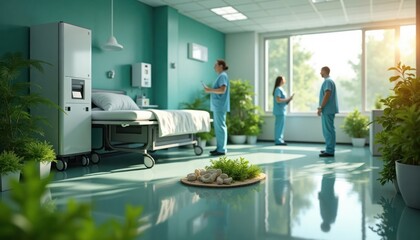 Eco-friendly hospital room with medical staff. Green plants, modern design add calming atmosphere. Hospital bed, medical equipment visible. Two medical professionals standing in room. Sustainable