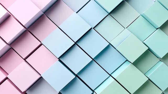 Colorful geometric arrangement of pastel boxes in pink, blue, and green, creating modern and visually appealing pattern perfect for backgrounds and design projects.