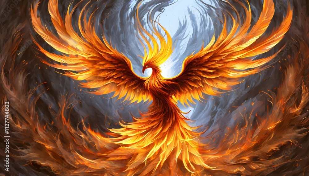 Poster abstract representation of a mythical phoenix bird with outstretched wings, crafted from flames, sym