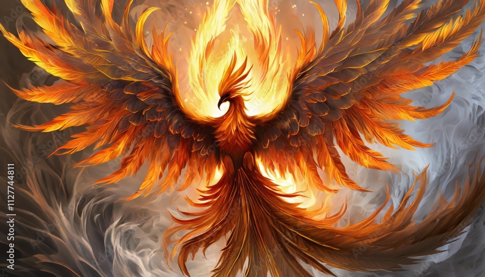 Poster abstract representation of a mythical phoenix bird with outstretched wings, crafted from vibrant fla