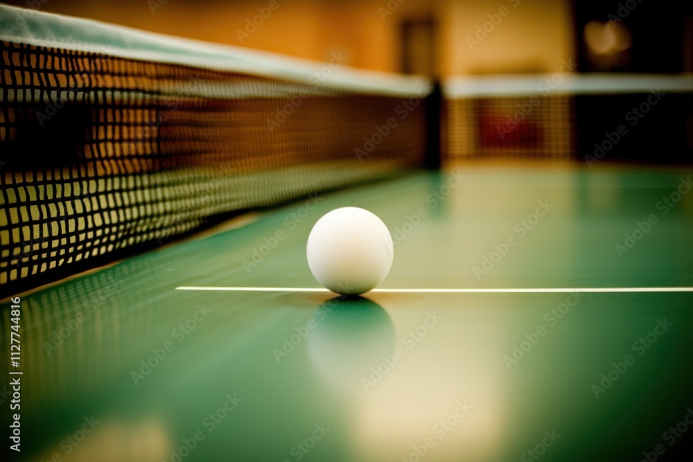 Poster ping pong ball on a table tennis net.