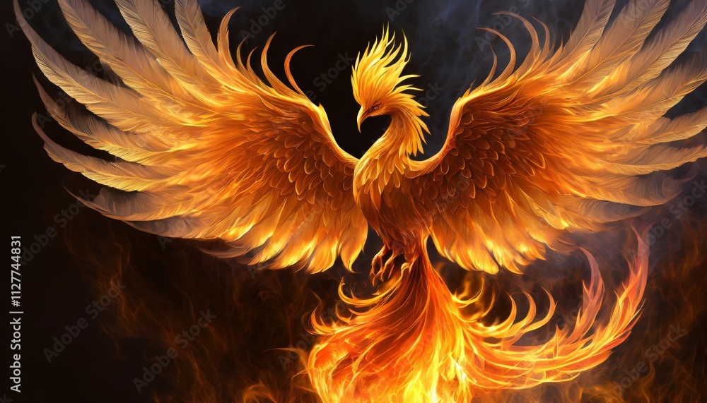 Poster abstract mythical phoenix bird with outstretched wings created from flames - a stunning representati