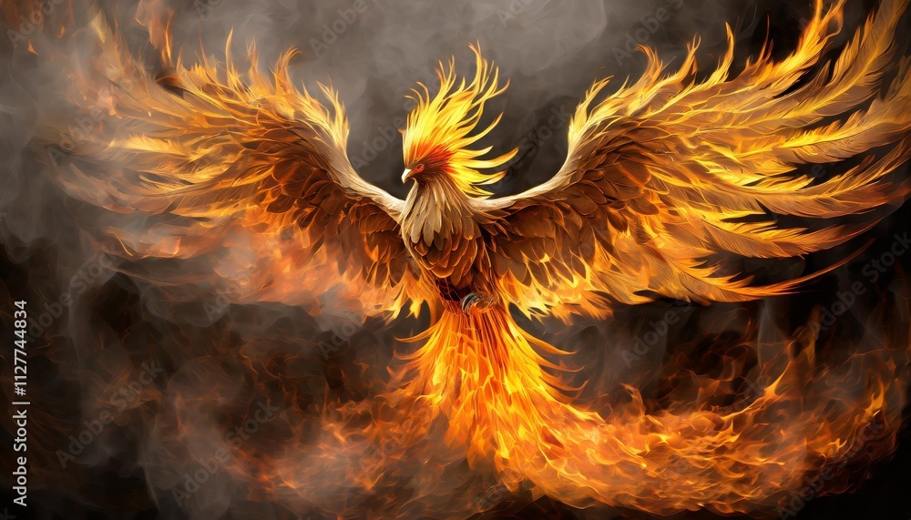 Poster abstract representation of a mythical phoenix bird with outstretched wings, crafted from vibrant fla