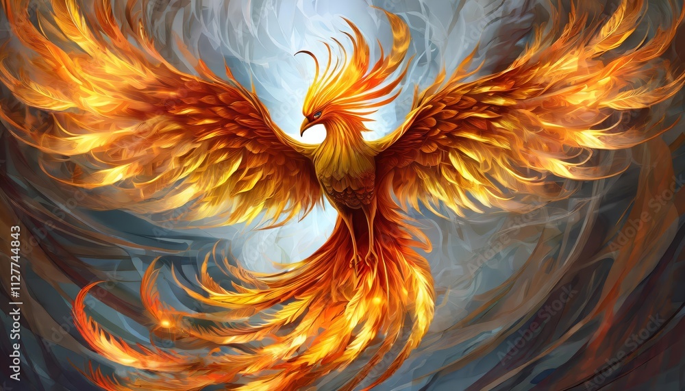 Poster abstract representation of a mythical phoenix bird with outstretched wings, crafted entirely from vi