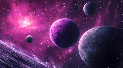 A vibrant space scene showcasing an array of purple-hued planets set against a nebulous star-filled background, capturing the universe's dynamic essence. Nebulous. Illustration