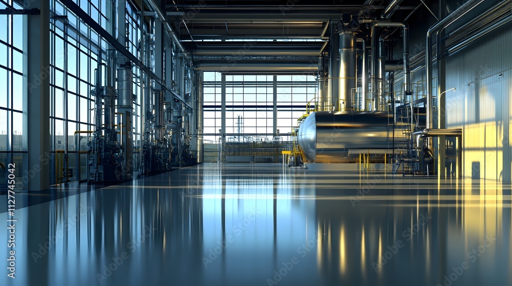 Poster a large industrial building with a large tank in the middle. the tank is silver and has yellow marki