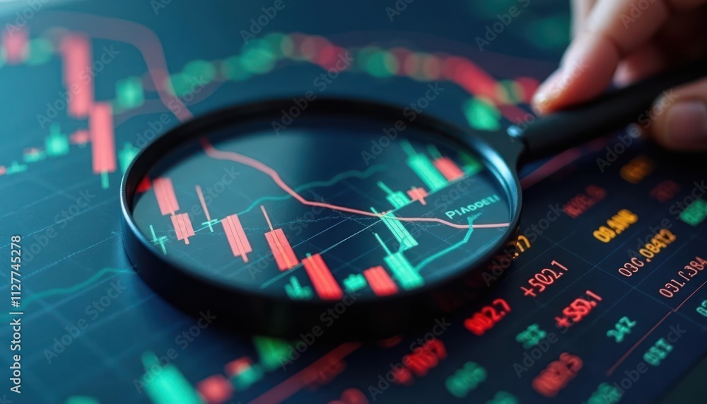 Poster analyzing stock market chart with magnifying glass. financial data visible on screen. detailed stock