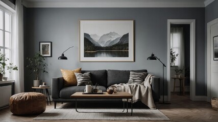 Room interior with painted frame in scandinavian style