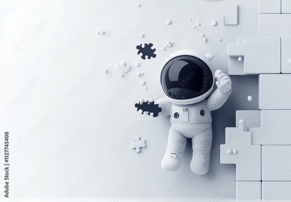 Poster cute astronaut floating near puzzle pieces in space.