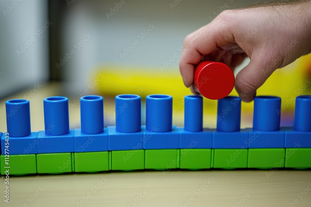 Poster hand placing red block on blue blocks.