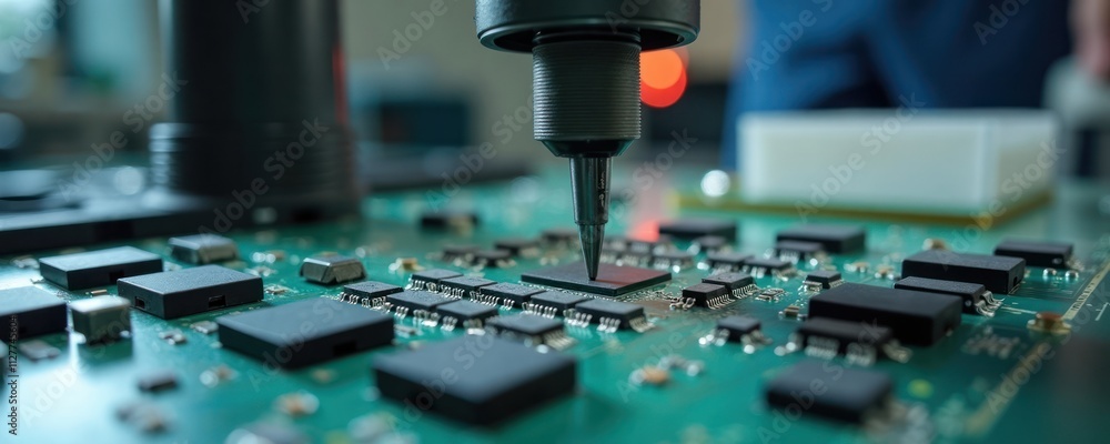 Poster engineer meticulously tests electronic circuit board. precision tools examine electronic components.