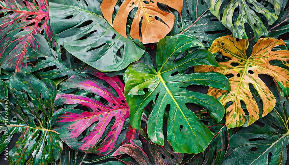 Poster vibrant abstract natural background featuring exotic leaves pattern: a creative and colorful design 