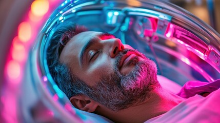 A serene man rests in a colorful pod, showcasing the importance of relaxation for mental and emotional health in our modern, fast-paced society filled with constant distractions.