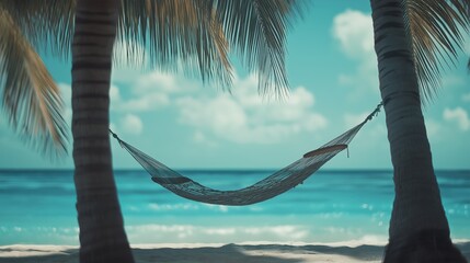 Fototapeta premium A peaceful hammock swaying between palm trees on a tropical beach with clear blue water.