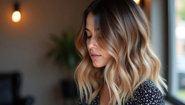 Woman with wavy hair balayage highlights. Natural color gradient from dark roots to lighter ends creates sophisticated look. Trendy hair coloring technique expertly applied. Hair salon beauty studio