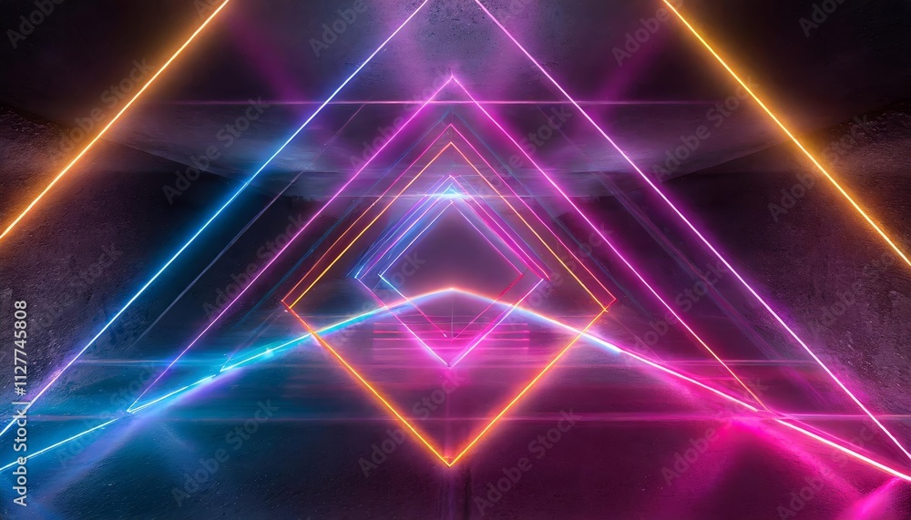 Poster abstract neon light geometric background featuring glowing neon lines and an empty futuristic stage 