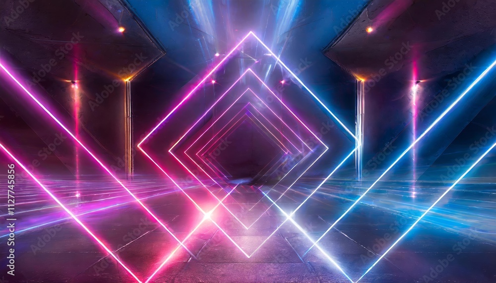 Poster abstract neon light geometric background: a stunning display of glowing neon lines creating an empty